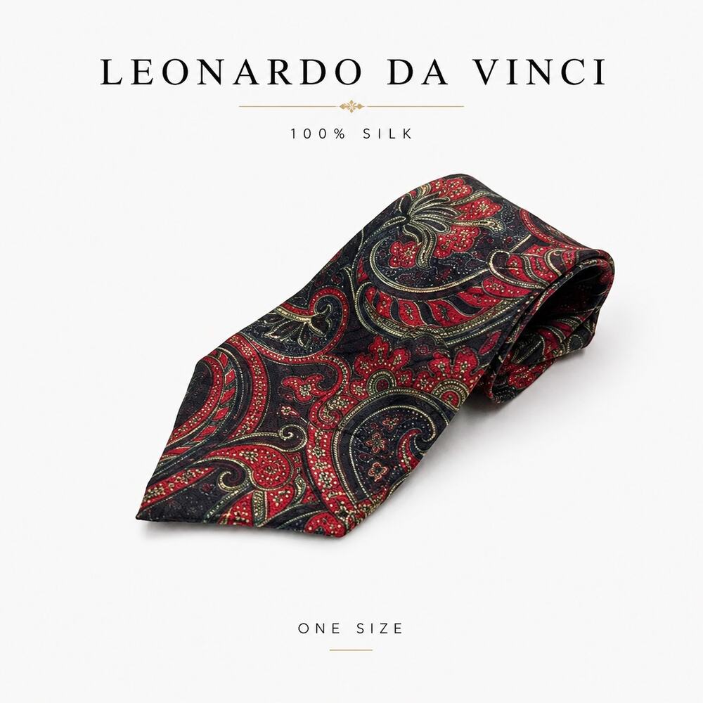 Leonardo Da Vinci Silk Tie Red Black Paisley Necktie Wedding Business Formal